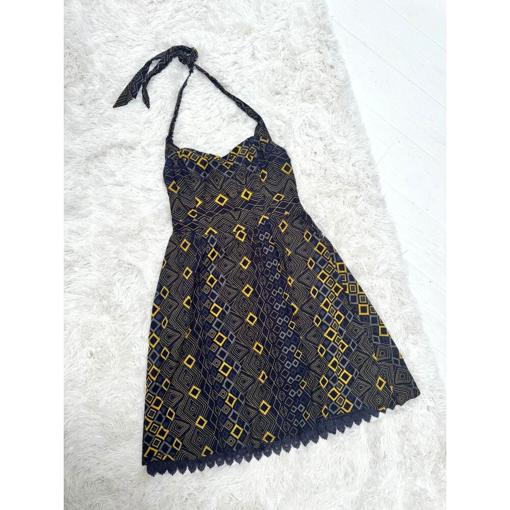 Anthropologie Edme & Esyllte Rhythmic Repetition Halter Dress Navy Sz 10